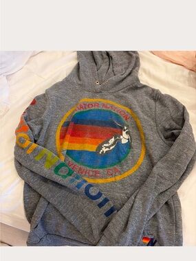 Aviator Nation Gray Hoodie with Multicolor Retro Stripe Logo